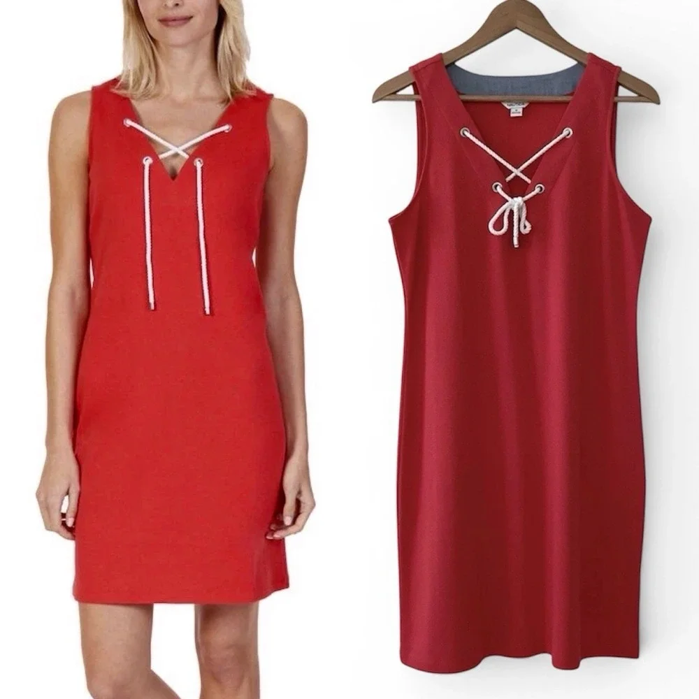Nautica Women's Size Medium Coral Tie V-Neck 100% Cotton Shift Mini Dress NWOT